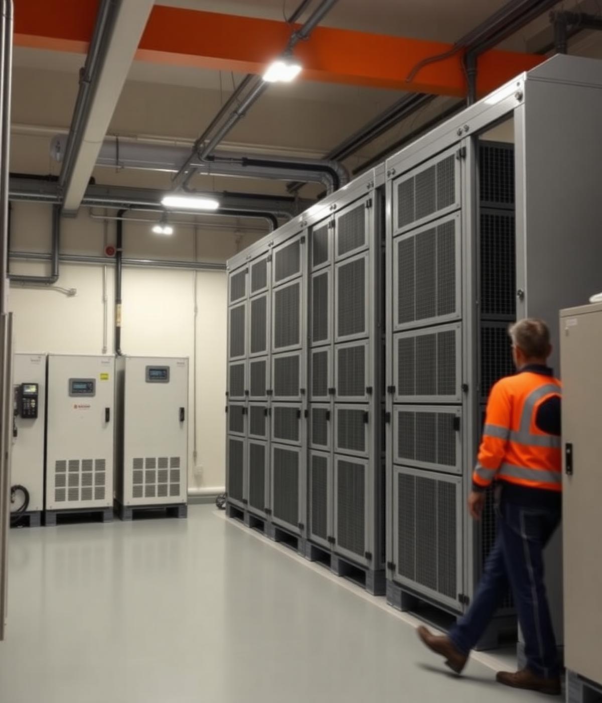Industrial battery storage cabinets in a factory power room