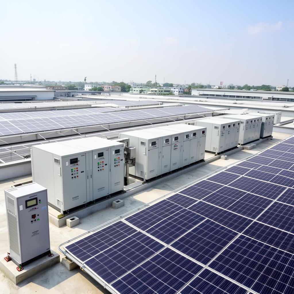 Hybrid solar with battery backup on a Bangladeshi factory roof