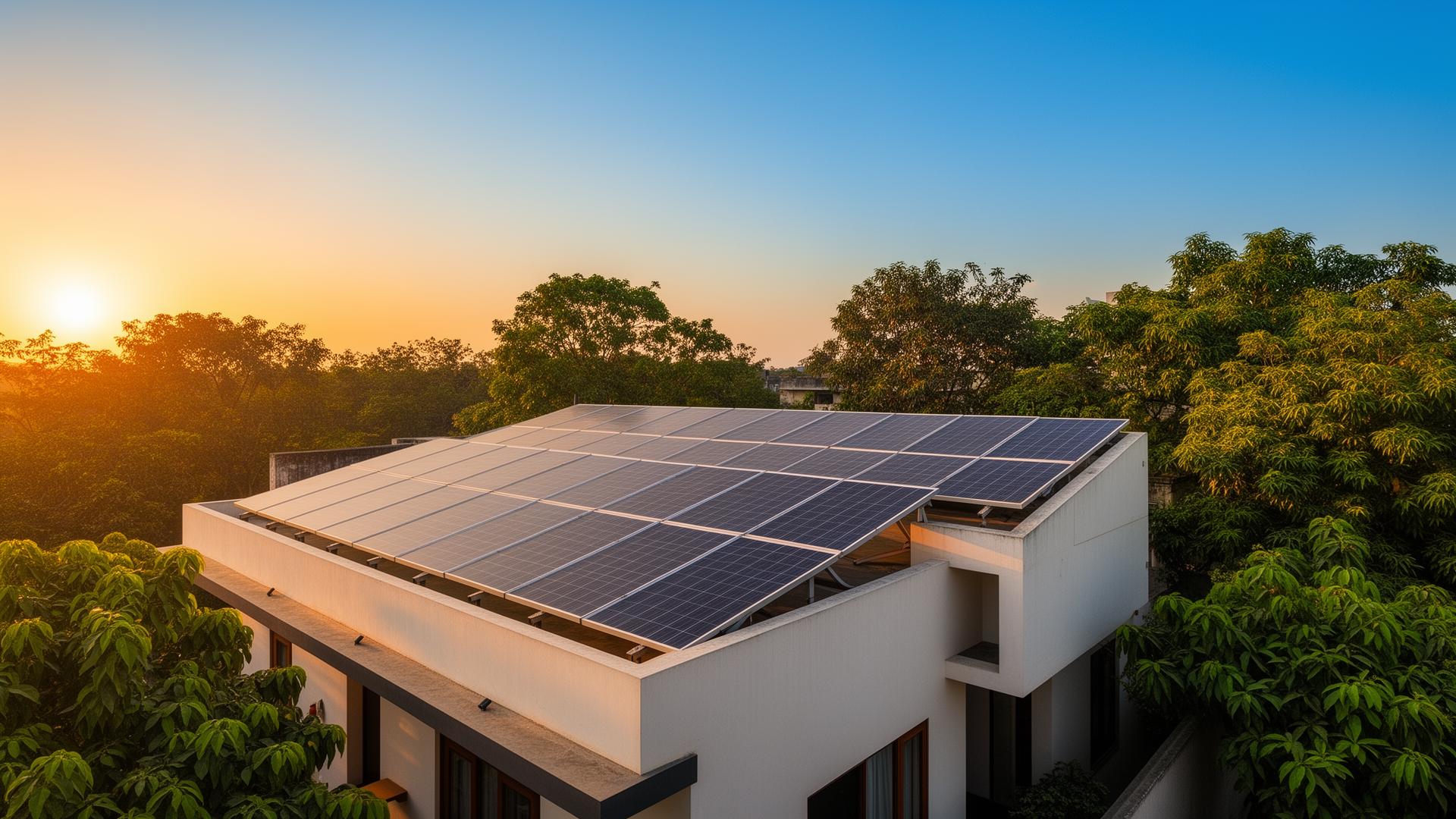 Bangladeshi home with rooftop solar panels at sunset